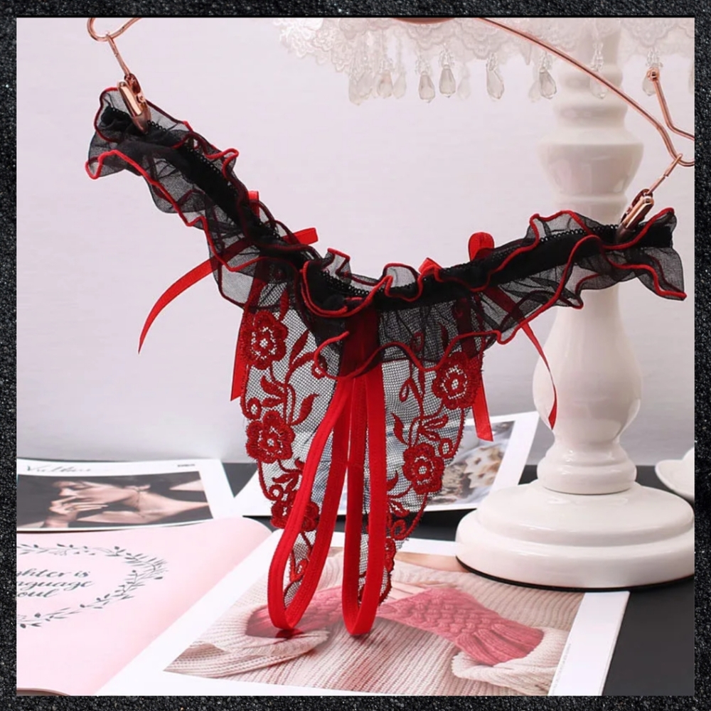 Black & Red Crotchless Floral Lace Ruffle G-String Open Crotch Panty - Picture 3 of 7